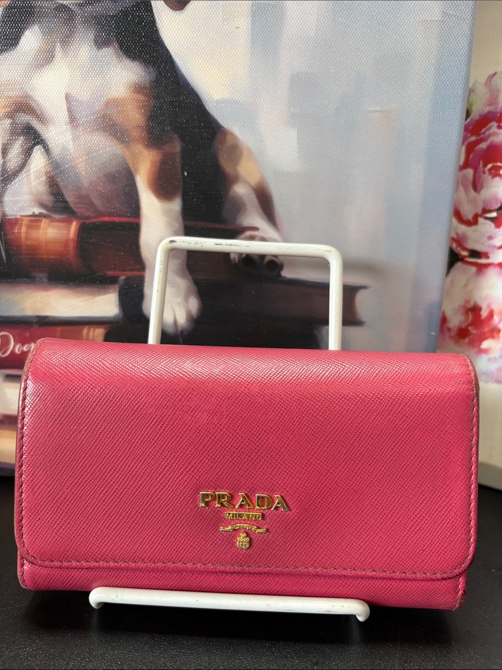 Prada Hot Pink Saffiano Leather Wallet with Gold Logo - Picture 9 of 12